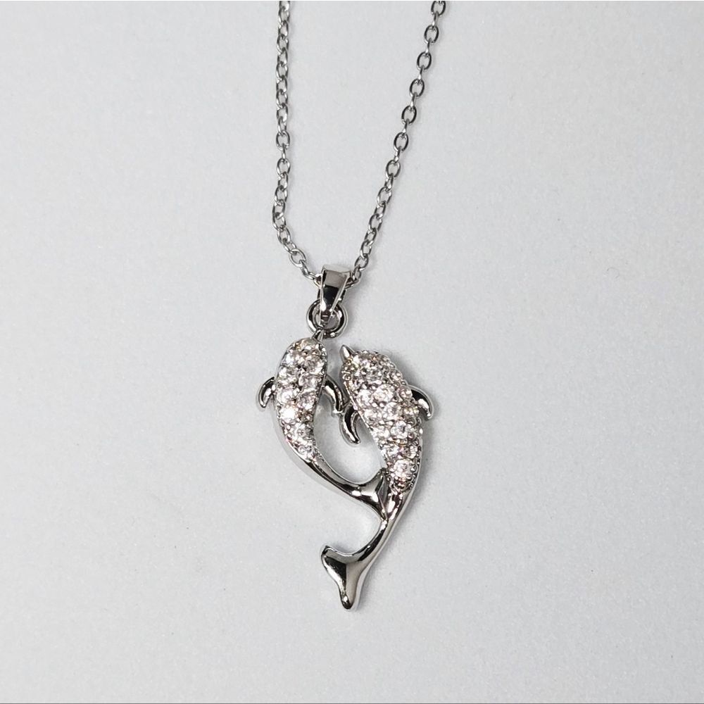 Silver Pave CZ Dolphin Necklace Stainless Steel Sparkling Pendant Coastal Chic